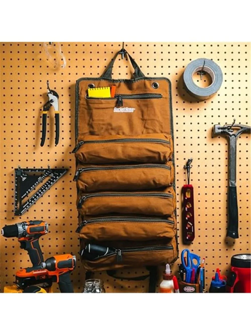 Canvas Tool Roll Up Bag Zippered Tool Organizer Pouch Storage Roll Brown